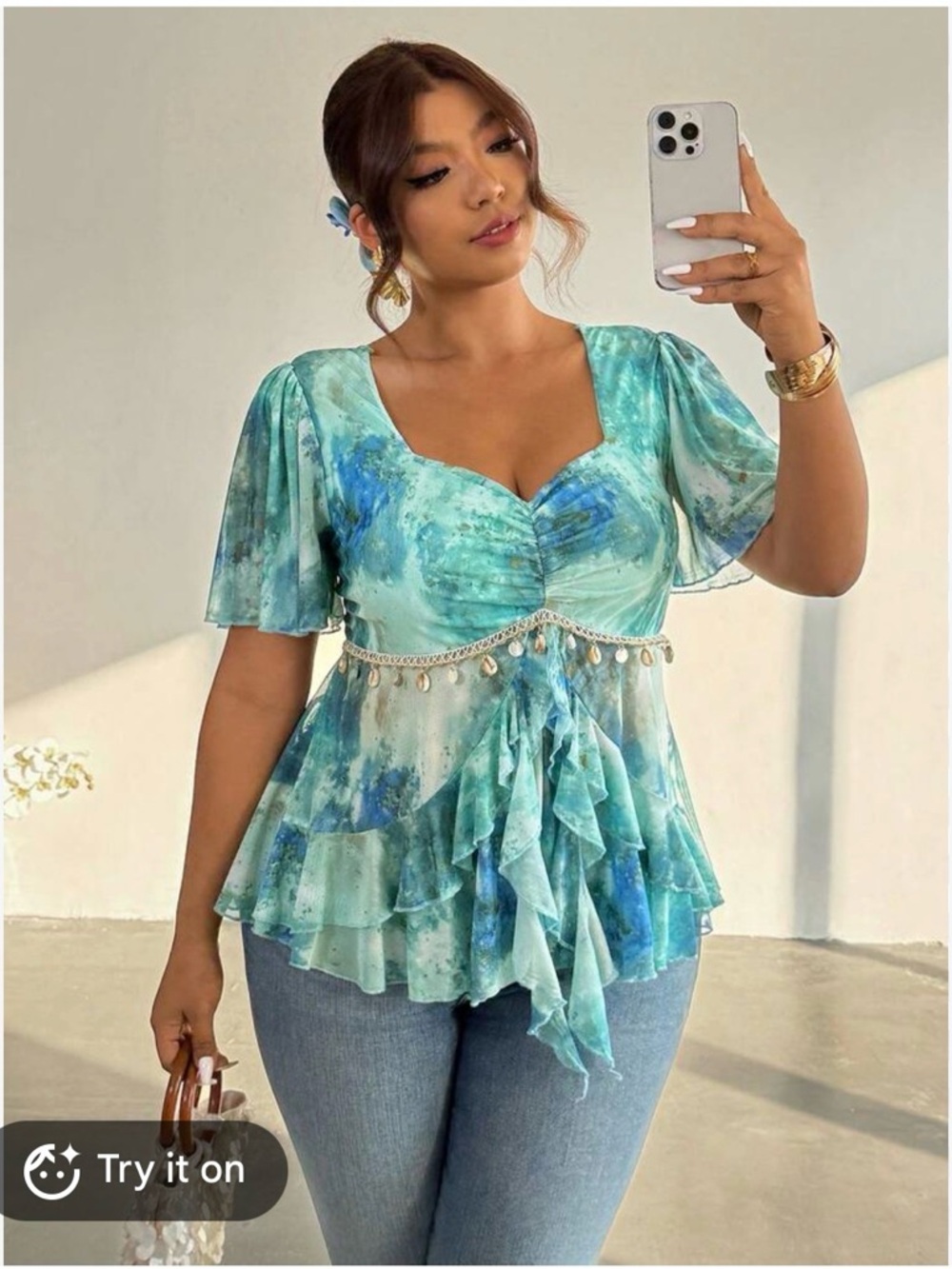 Women's Aqua Blue Ruffle Peplum Top with Shell Trim